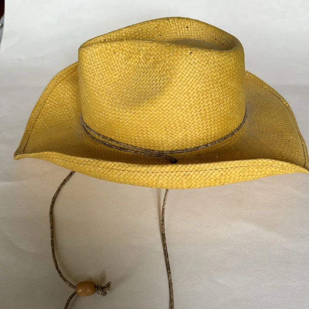AUGUST Yellow Paper Straw Western Fedora Hat Elastic Band Cord String NWOT $75